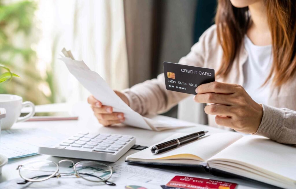 Woman holding credit card and bill while reviewing minimum due in credit card