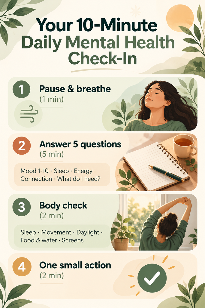 Mental health check-in infographic showing four daily steps: pause and breathe, answer five wellness questions, perform a body check, and take one small action.