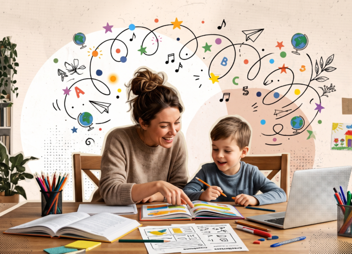mother teaching her child during homeschooling