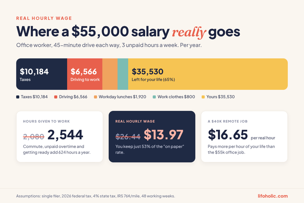 Infographic showing a $55,000 salary losing $10,184 to tax and $9,286 to work costs, leaving a real hourly wage of $13.97